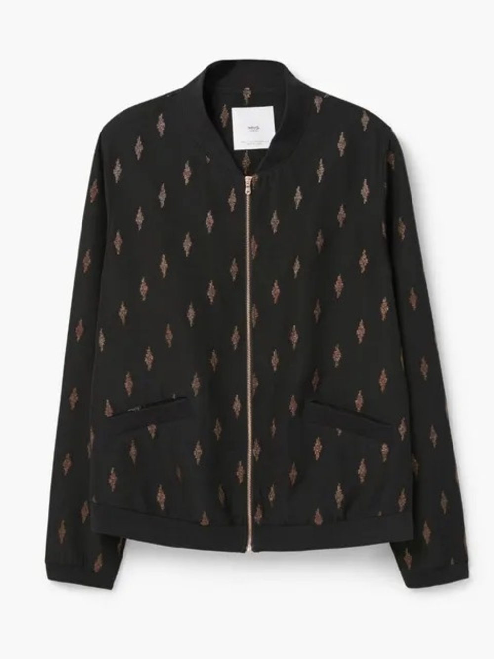 Mango Black Super Lightweight Bomber Jacket w/ Rust-Toned Print XS